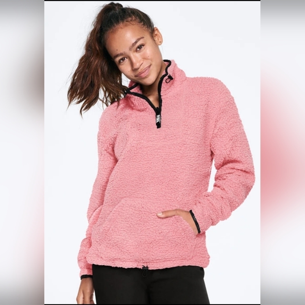 PINK Victoria's Secret Pink Sherpa Quarter Zip Pullover Jacket Campus Winter EUC - Picture 2 of 16